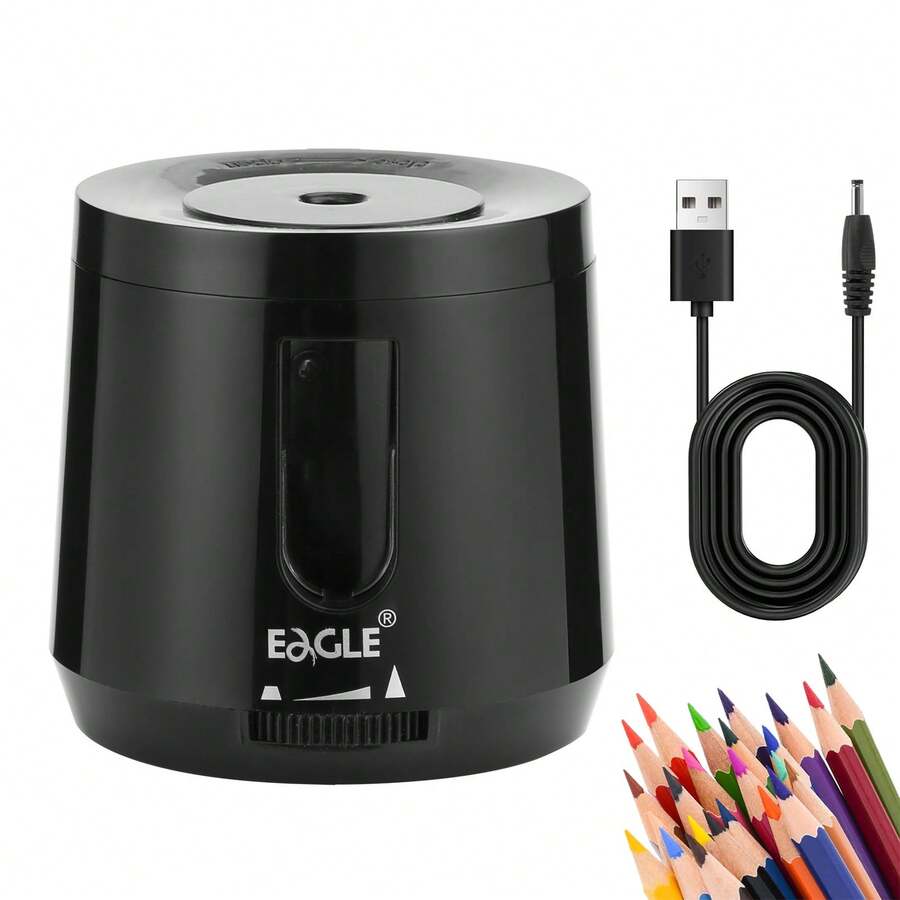 Eagle 電動鉛筆削筆器，電池或USB供電，快速削鉛，便攜式自動鉛筆削筆器，適用於6-8mm彩色鉛筆，辦公室與居家使用，黑色，返校季