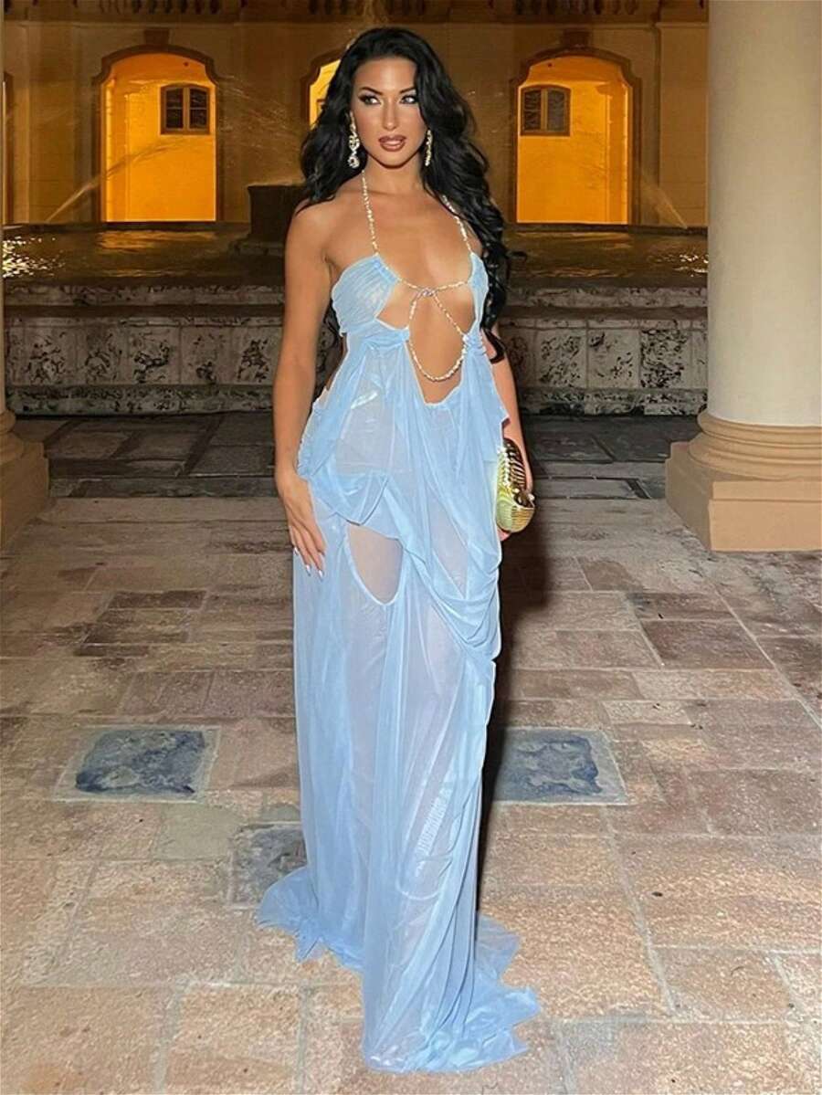 Women's Dress, European Style Summer 2026 New Design, Beach Style, Sexy Girl, Net-Sheer Low-Cut Neckline Halter Dress - 藍色 - 查看 1