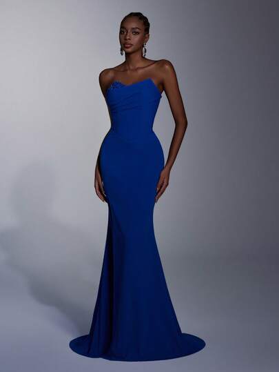 Women's Navy Blue Strapless Mermaid Tie Beaded Bust High Slit Design Dress, Suitable For All Formal Occasions, Music Festivals, Galas, Wedding Guests, Holiday Parties, Graduations, Cocktail Events, Dates, Vacations, And Bridesmaid Dresses