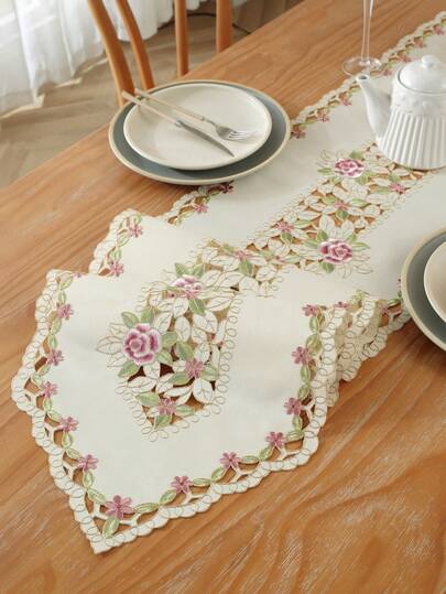 100% Polyester Tischläufer und Platzset, feine gestickte Durchbrucharbeit, geeignet für Party, Hochzeit, Heimdekoration, Innen- und Außenbereich, 1 Set, tolles Geschenk, Heimdekoration für Wohnzimmer, Schlafzimmer, Terrasse und mehr