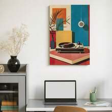 1pc Framed Wall Deocr Canvas Poster Mid Century Modern Vinyl Record Player Wall Art Print Poster - Musical Theme, Retro & Art Deco Style, Canvas Posters Wall Art For Home Decor Office Decor, Living Room Decor, Bedroom Decor- Portrait Canvas Poster For Indoor Decor, Ink Artwork, Spring & Winter Season, Wall Art With Frame - H - 查看 7