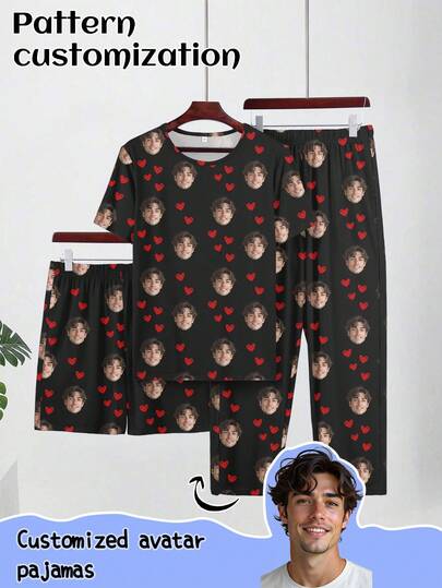 Customized Men's 3 PiecesShort Sleeve Pajama Set, Can Print Any Pattern, Personalized Pajamas With Photos, Comfortable Sleepwear With Customized Funny Images. Suitable For Occasions Like Valentine's Day, Birthday, Gifts, Personalized, Colorful, Cute, Witty, Unique, Exclusive, Ideal Boyfriend Gift, Suitable For Boyfriend, Family, Friends, Elders, Fashionable For Autumn, Party Occasions