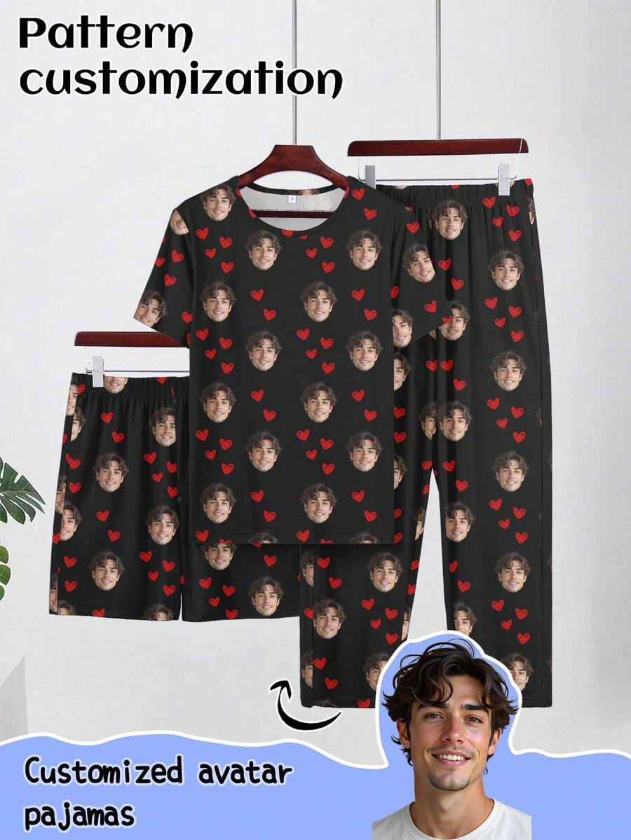 Customized Men's 3 PiecesShort Sleeve Pajama Set, Can Print Any Pattern, Personalized Pajamas With Photos, Comfortable Sleepwear With Customized Funny Images. Suitable For Occasions Like Valentine's Day, Birthday, Gifts, Personalized, Colorful, Cute, Witty, Unique, Exclusive, Ideal Boyfriend Gift, Suitable For Boyfriend, Family, Friends, Elders, Fashionable For Autumn, Party Occasions - Black - View 1
