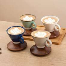 一套150毫升/5盎司独特锥形设计咖啡杯，配相思木杯垫，复古反应釉陶瓷咖啡杯碟套装，适用于家庭、餐厅、聚会和办公室。 - 彩色 - 查看 6