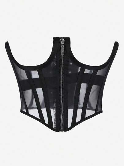 Women's Black Sheer Mesh Corset Top, Gothic Retro Bustier With Front Zipper, Club Wear