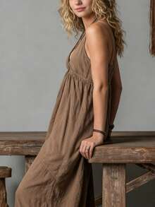 Women's Retro Bohemian Spaghetti Strap Dress - A Loose-Fitting, Sleeveless, V-Neck, Casual Maxi Dress In Brown, Perfect For Bohemian-Style Vacations. - Dark Brown - View 6