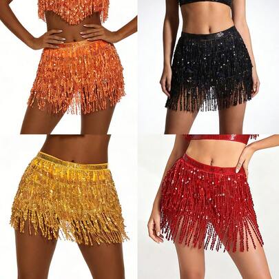 Bauch-Tanz Quasten Hüftkette im Bohemien-Stil, neue Pailletten Hüftband, glänzender Mini-Rock, Bauch-Tanz Hip-Hop-Rock, Quasten Hüfttuch, geeignet für Urlaubs-Bauch-Tanz Hüfttuch, Pailletten Quasten Wickelrock, geeignet für glänzende Damenkleidung, Tanzkostüme, Strandmusik-Festival Karneval Party glänzendes Kleid!