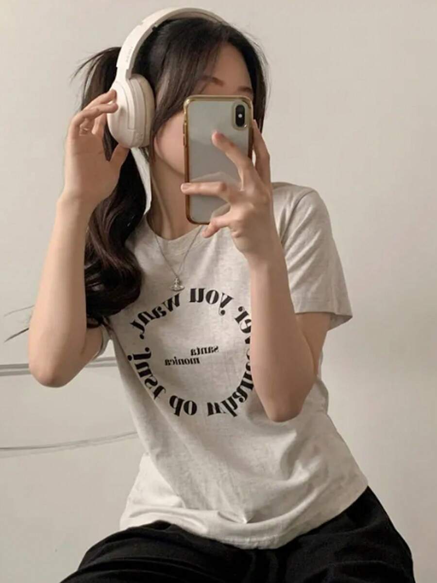 Short-Sleeved T-Shirt For Women, Summer, Round Neck, Loose Top - Light Grey - View 1