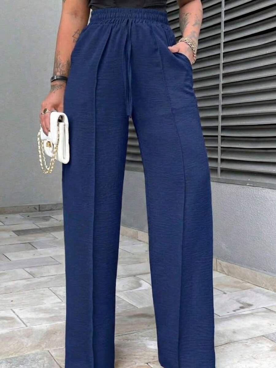 Women's Long Polyester Trousers With Wide Legs And Adjustable Drawstring, Made From Highly Stretchy Fabric. - Royal Blue - View 1
