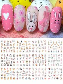 12 piezas/paquete Pegatinas de uñas con diseños de conejo de dibujos animados, conejo lindo, zanahoria, mariposa, letra, mariposa, rosa flor impresa DIY adorable Pascua vacaciones salón de uñas transferencia de agua decoraciones de arte de uñas - Multicolor - Ver 4