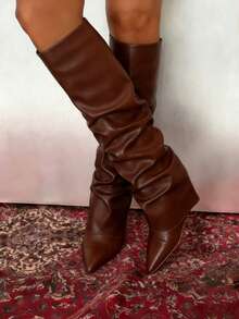 Shark Brown Boots Women's Knee High Boots Solid Color Pointed Toe Fold Over Boots Slouchy Wedges High Heels Shoes Wide Calf Easter Festival Fashionable Outdoor Party Boots Motorcycle Shoes - màu nâu - Xem 6