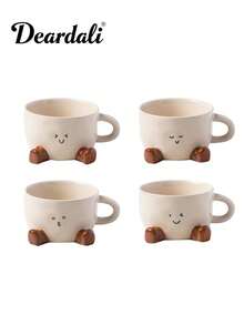 DearDali 1个可爱脚印笑脸陶瓷咖啡杯,卡通设计,适合居家、办公、盛装拿铁、摩卡、热巧克力、咖啡、茶、牛奶,也适合聚会、派对等场合,是有趣的生日/节日礼物。 - 彩色 - 查看 15
