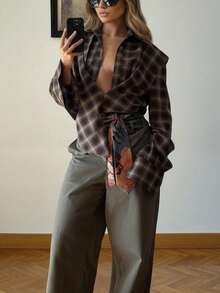 Women's Plaid Ruffle Hem Long Sleeve Casual Side Slit Hem Shirt, Autumn Spring - Dusty Purple - View 3