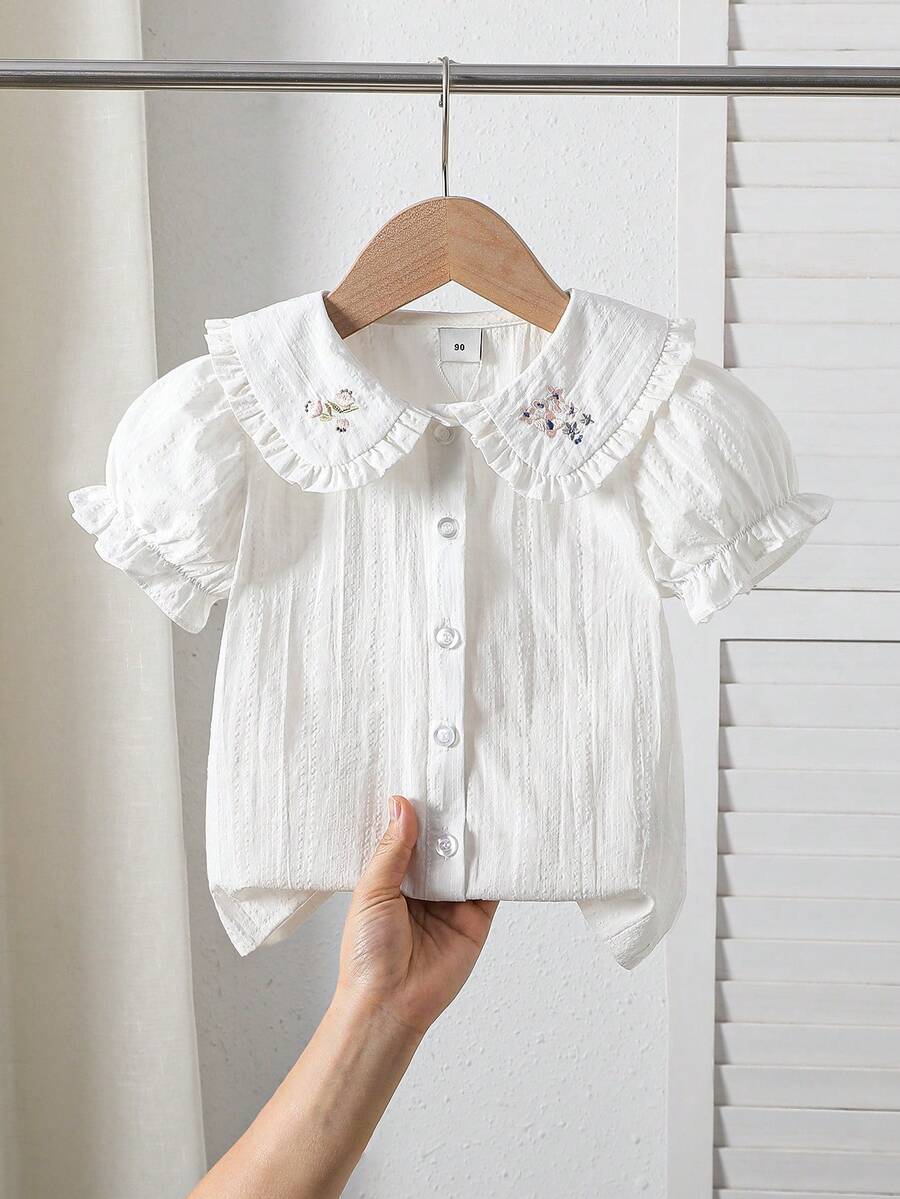 女童刺绣荷叶边领纽扣短袖衬衫，学院风夏季款 - 白色 - 查看 1