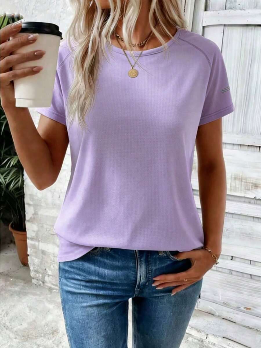 Camiseta de mujer de cuello redondo y manga corta, minimalista, casual, para uso diario y de oficina - Morado - Ver 1