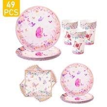Blumen- & Schmetterlings-bedruckte Einweg-Teller, Servietten, Becher - Einmal-Party-Essentials-Set, geeignet für 8 Gäste, Einweg-Pappteller passend für Geburtstag, Hochzeit, Themenfest, Familien-Picknick - Verschiedenfarbig - Übersicht 1