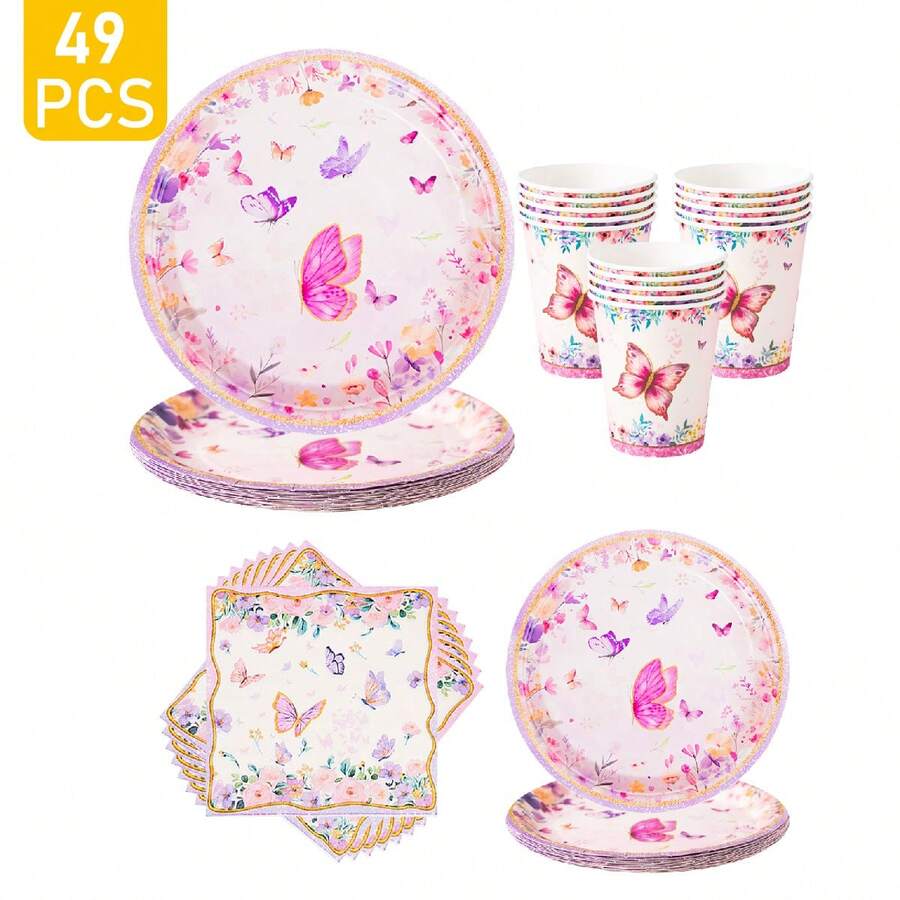 Blumen- & Schmetterlings-bedruckte Einweg-Teller, Servietten, Becher - Einmal-Party-Essentials-Set, geeignet für 8 Gäste, Einweg-Pappteller passend für Geburtstag, Hochzeit, Themenfest, Familien-Picknick - Verschiedenfarbig - Übersicht 1