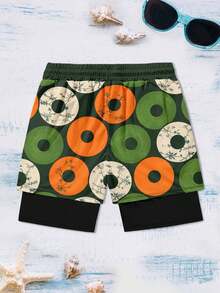 Men's Donut Print Drawstring Waist Double-Layer Beach Shorts - Multicolor - View 4