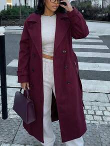 Women's Classic Double-Breasted Wool Coat, Winter New Arrival - Burgundy - View 7