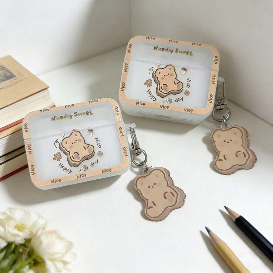 Cartoon Cookie Bear Style Protective Case Compatible With Apple Bluetooth Wireless Earphones, Anti-Scratch And Drop Protection Case Compatible With Apple Bluetooth Earphone Charging Case - Clear - View 1