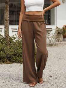 Pantalones de cintura baja para mujer, color liso, pierna ancha, holgados, cómodos, informales, para uso diario. - Café integral - Ver 4