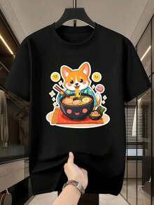 Maglietta nera con grafica Corgi Ramen primaverile, tessuto di alta qualità, scollo tondo, vestibilità ampia, comoda, casual - nero - Visualizzare 2