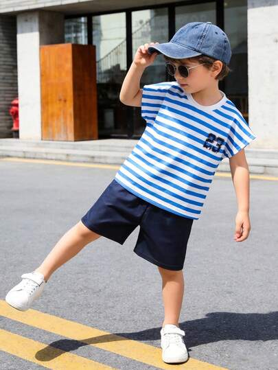 2pcs/Set Young Boy's Casual Preppy Style Blue & White Striped Design Number "23" Print Round Neck T-Shirt Top Paired With Loose Comfortable Shorts Set, Spring/Summer, Suitable For Outdoor, Back To School, Commuting, Social Gatherings