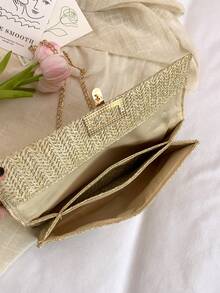 Woven Shoulder Bag, Beach Bag. New Flap Straw Envelope Bag, Vacation Style Casual Multi-Layer Chain Woven Crossbody Bag - Khaki - View 6