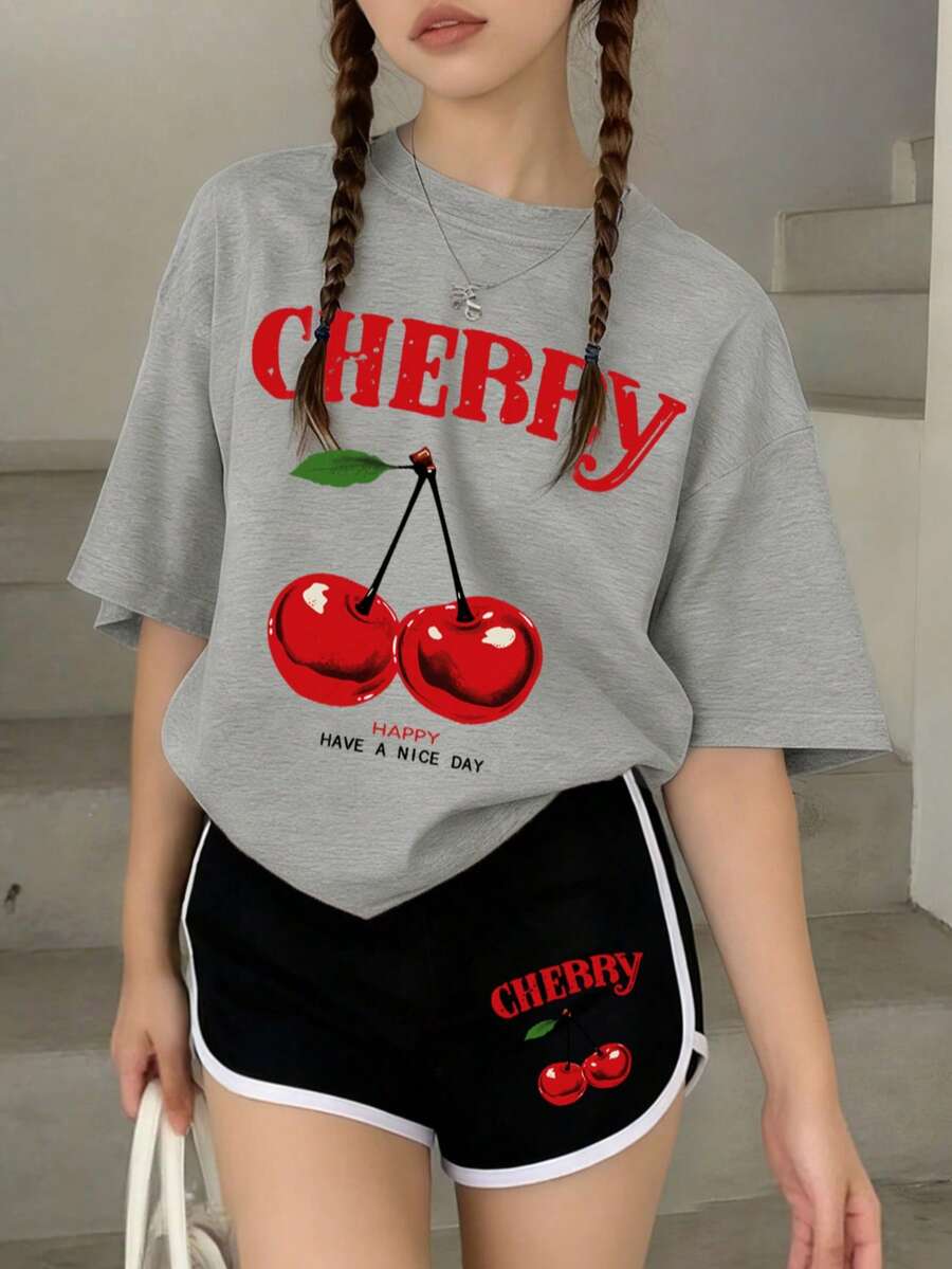 2pcs/Set Cherry Print Casual Fashion Creative T-Shirt + Shorts Set For Teenage Girls, Summer Holiday - Grey - View 1
