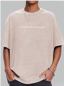 Vintage Wash Tee Grey I Could Be Meaner Slogan Casual Daily Wear Valentine's Day Gift Women/Men Summer Short Sleeves Cool Tops - 杏色 - 查看 2