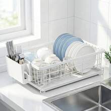 Versatile Two-Level Cutlery & Plate Storage - Kitchen Dish Rack Organizer - White B - View 3