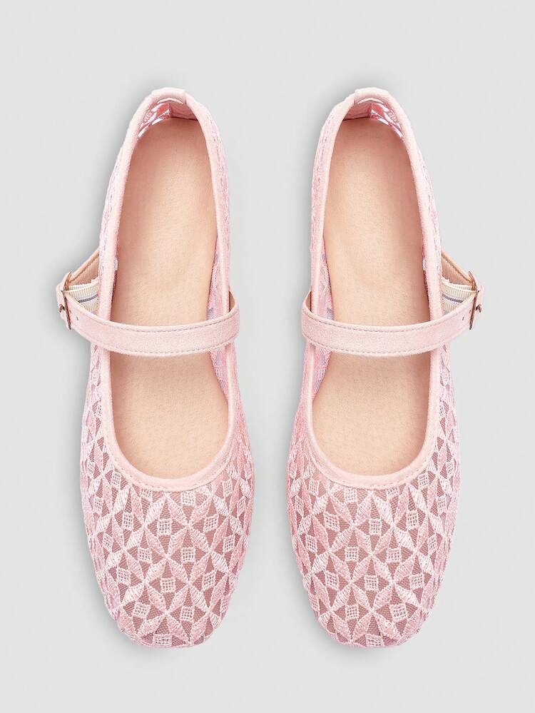 Zapatos planos cómodos con diseño de malla hueca tejida, de color rosa, con hebilla, para uso casual, de fiesta u oficina, de punta cuadrada, para mujer de la marca ADAMUMU - Rosa - Añade 9