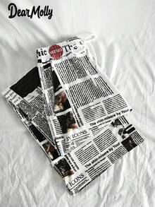 DEAR MOLLY Newspaper Print Wide Leg Pocket Pants, Casual High Waist Trousers, Suitable For Spring And Summer, Women's Casual Clothing - Multicolor - View 2
