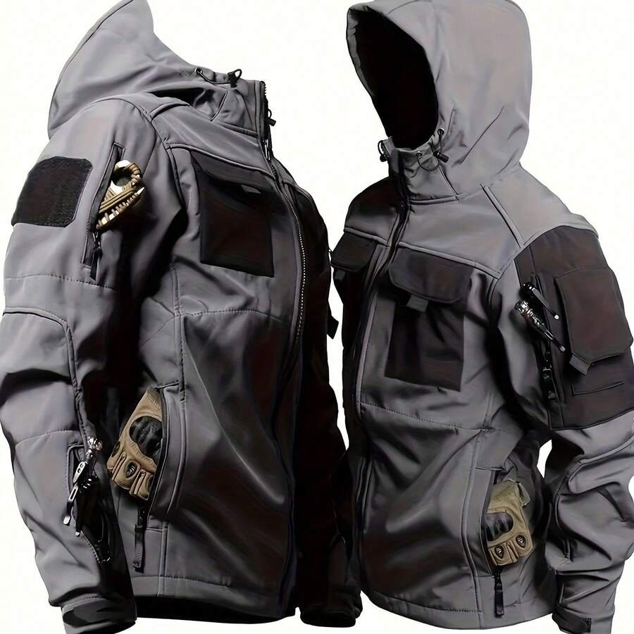 Men'S Outdoor Soft Shell Jacket, Military-Style, Scratch-Resistant, Fleece-Lined, Thickened, Warm Hooded Windbreaker, Three-In-One Sports Climbing Outfit - 灰色 - 查看 1