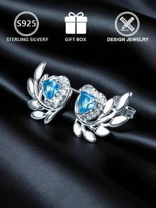 Boucles d'oreilles à tige en feuille de diamant bleu en argent sterling S925, boucles d'oreilles créoles florales en zircone cubique, style élégant et polyvalent pour le travail, cadeau pour petite amie/anniversaire, boîte cadeau - Argent - Voir 6