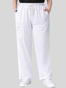 cimmuovere Pantalon droit à poche de couleur unie pour femmes grandes tailles. Tenue de travail pour infirmière, dentiste, soins de santé, animalerie, laboratoire. Blanc, printemps - Blanc - Voir 5