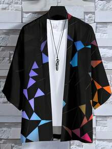 Men's Cardigan, Loose-Fitting And Lightweight Fabric, Comfortable And Breathable, Non-Stretch And Machine Washable, Sweet And Cool Style, Color-Blocked Geometric Print. - 彩色 - 查看 4