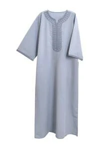 Men's Moroccan Embroidered Short Sleeve Robe With Side Pockets, Islamic Men Casual Home Robe, Ramadan Men Robe - Light Grey - View 2