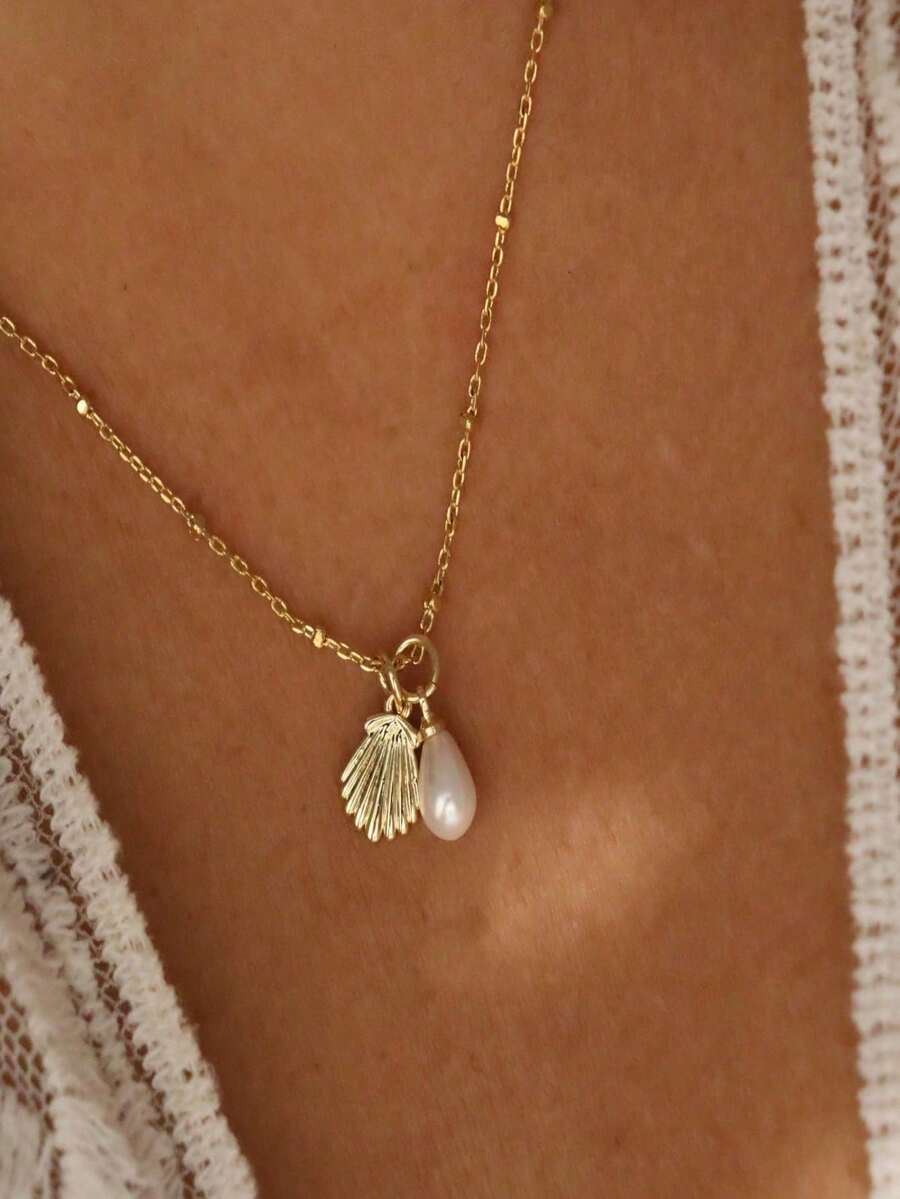 1件流行女士时尚优雅休闲可爱珍珠贝壳吊坠项链，婚礼订婚派对珠宝礼物 - 金色 - 查看 1
