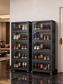1 pièce Armoire de rangement pliable 40/50/60 cm, organisateur de rangement en plastique à 1-5 niveaux avec portes doubles et roulettes, meuble de rangement multicouche pour jouets et collations pour le salon, armoire de rangement pour vêtements, étagère anti-poussière pour la maison, étagère de rangement, boîte de rangement, contenant en plastique, bouteille d'huile, accessoires de rangement de cuisine, porte-tasses, 1 bouteille d'huile, porte-cuillères, étagère de rangement de cuisine - Noir transparent - Voir 7