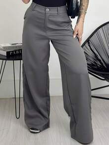 Premium Tailored Wide Leg Trousers - Grey - View 6