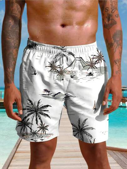 Men's Swimming Trunks, Hawaiian Resort Coconut Tree 3D Print Drawstring Casual Beach Shorts