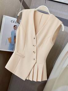 HOMEYEE Áo blazer không tay cổ chữ V dành cho nữ, kiểu dáng retro, thường ngày, phù hợp cho công sở, đi làm, đi nghỉ mát, mùa xuân hè. - Màu be - Xem 7