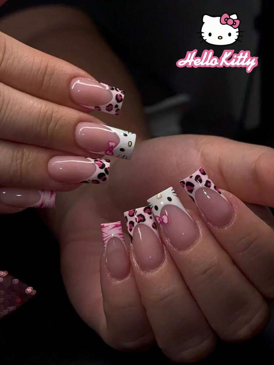 Sanrio Hello Kitty 24片中號正方形可愛3D豹紋與粉色法式穿戴甲,Hello Kitty與蝴蝶結設計,適用於壓克力假指甲套組,含1片果凍膠與1片指甲锉,適合女孩日常與派對美甲 - 彩色 - 查看 1