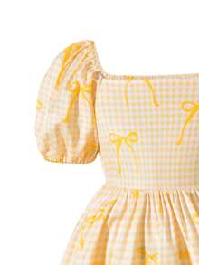 Vihyde 少女格子蝴蝶结印花泡泡袖度假风连衣裙 - 黃色 - 查看 6