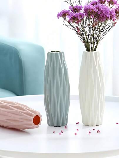 White Textured Plastic Vase, Classic Round Vase Suitable For Dried Flowers, Fresh Flowers, Home Decor In Living Room, Bedroom, Kitchen, Easy To Clean Design, Suitable For Small Dried Flower Decorations