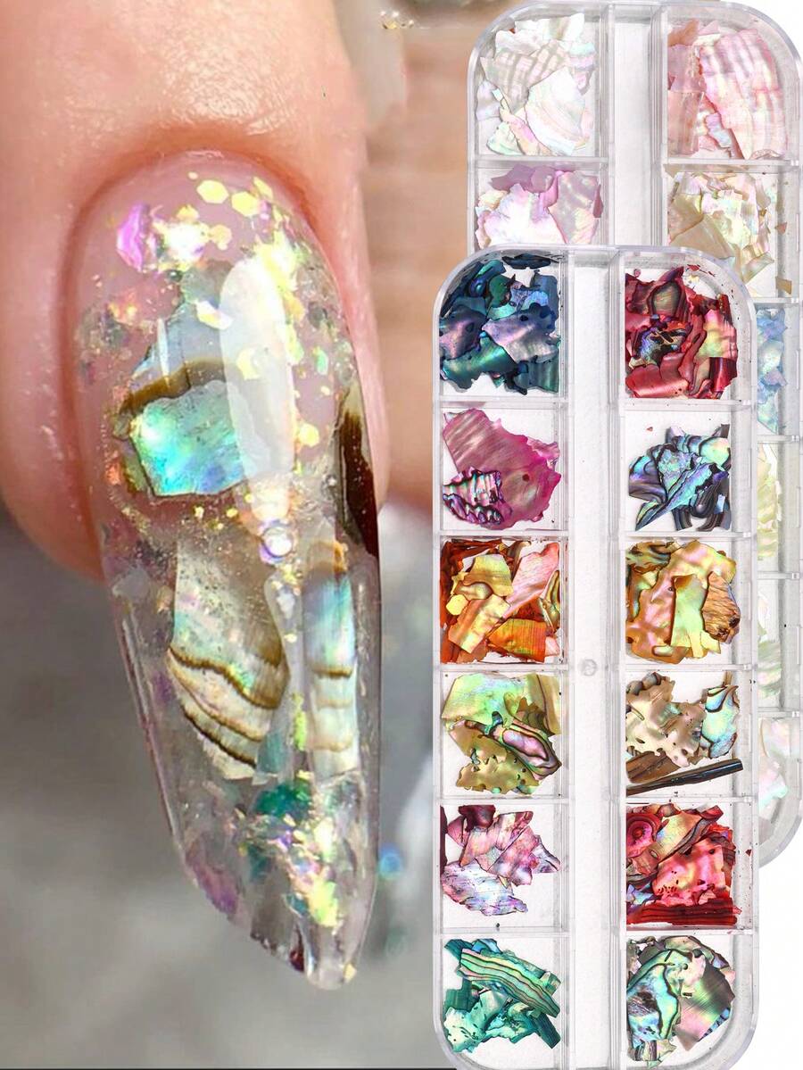 1盒3D不對稱鮑魚殼美甲裝飾,全息彩色美人魚超薄亮片,高級DIY美甲珠寶配件,適用女性指甲美甲飾品 - 彩色 - 查看 1