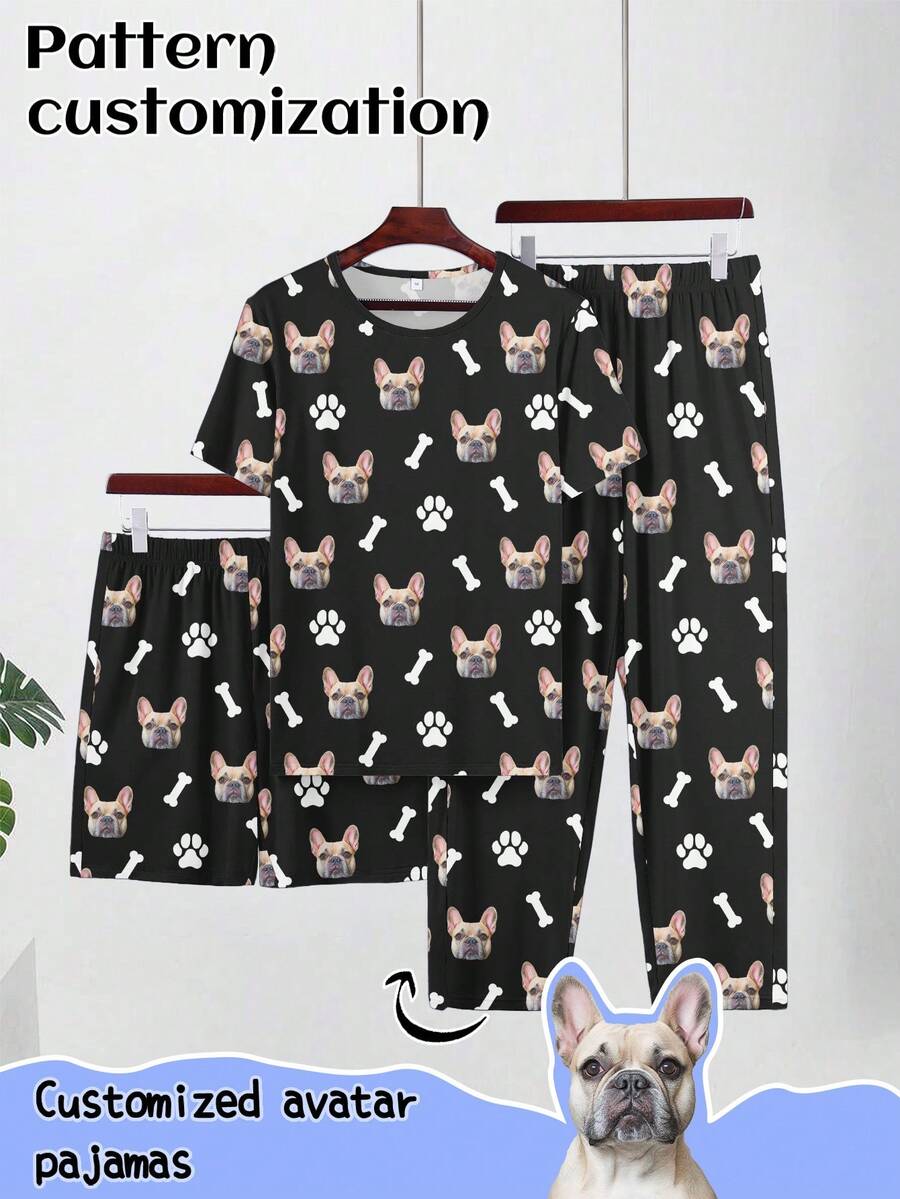 Customized Men's 3 PiecesShort Sleeve Pajama Set, Can Print Any Pattern, Personalized Pajamas With Photos, Comfortable Sleepwear With Customized Funny Images. Suitable For Occasions Like Valentine's Day, Birthday, Gifts, Personalized, Colorful, Cute, Witty, Unique, Exclusive, Ideal Boyfriend Gift, Suitable For Boyfriend, Family, Friends, Elders, Fashionable For Autumn, Party Occasions - Black - View 1