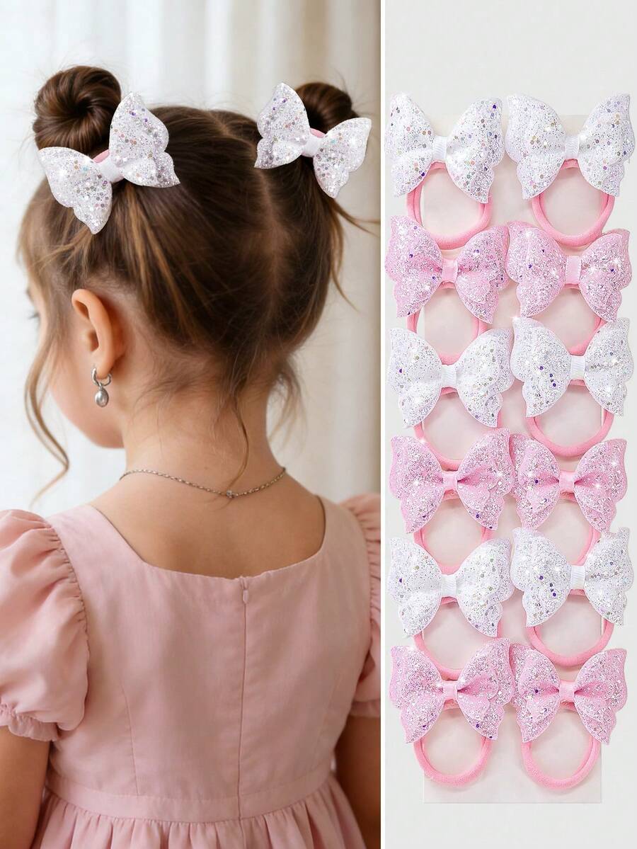 4pcs/Set Girls Shiny Sequin Bowknot Hair Scrunchies, Double Layer Princess Hair Ties, Soft & Non-Damaging, Suitable For Daily Use - Multicolor - View 1