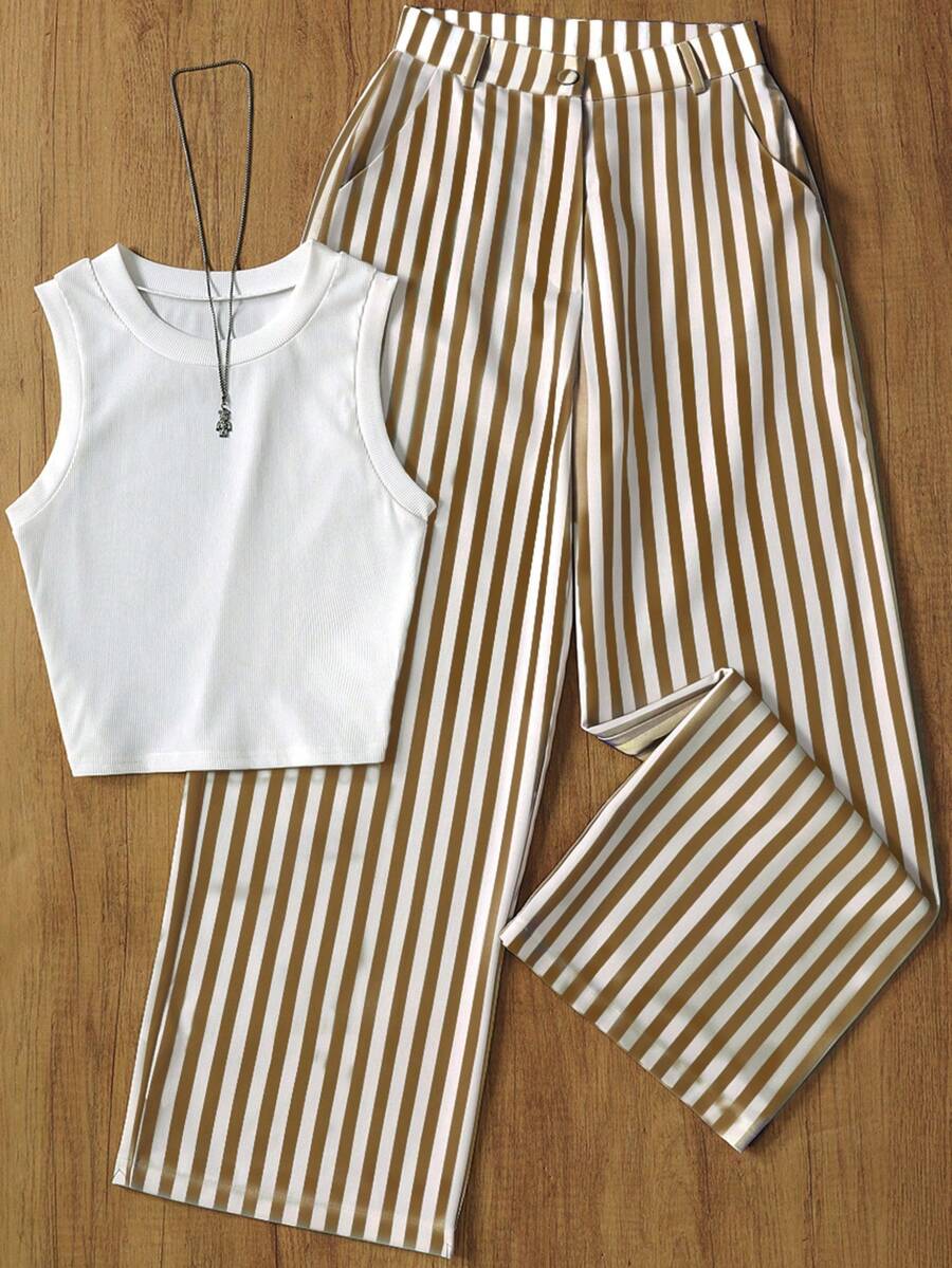 Women's Casual Striped Sleeveless Top And Striped Pants Set, Suitable For Office, Garden, Spring/Summer - Mocha Brown - View 1